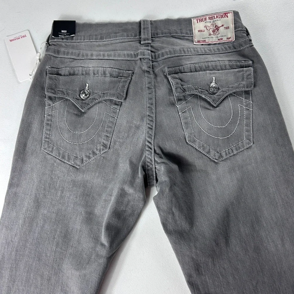 True Religion Ricky Relaxed Straight Jeans Chalk Grey Wash Flap Pocket 30x34 NEW